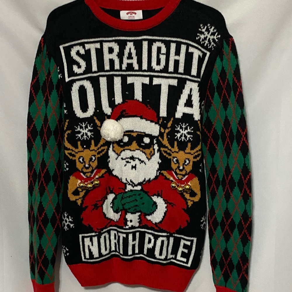 Holiday Time Crewneck Sweater - Black, Red, Green‎ Size Medium (34-40) SANTA